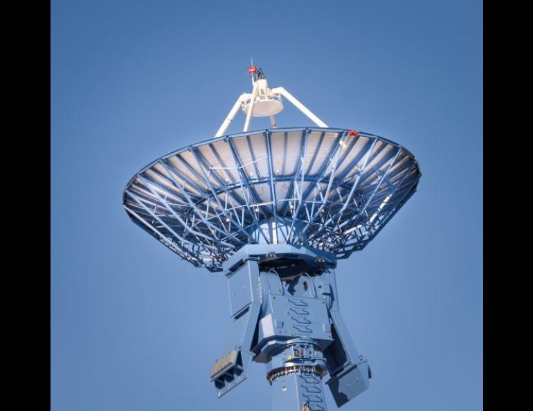 This new 9-meter dish sits atop the Elvey Building at the University of Alaska Fairbanks. Photo by Jessica Matthews, UAF Geophysical Institute.