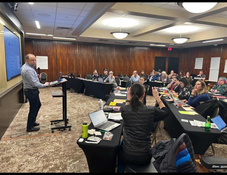 Matthew Balazs, Alaska Coastal Cooperative deputy director, speaking to ACTION participants at the weeklong meeting in Anchorage. Photo by Rod Boyce