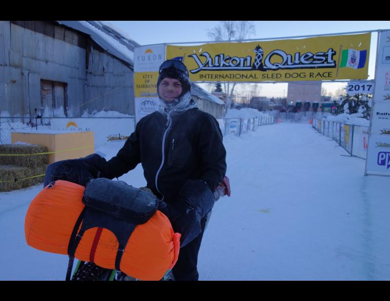 Jeff Oatley arrives in Fairbanks from Skagway on Feb. 16, 2017. He was halfway to Nome on a 1,818-mile bike ride on snowmachine trails. Photo by Ned Rozell.
