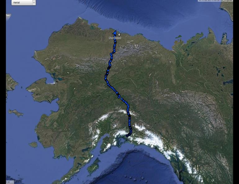 The pathway of Ned Rozell and his dog Cora’s 96-day summer walk, across Alaska along the path of the Trans-Alaska Pipeline. Photo by Ned Rozell.