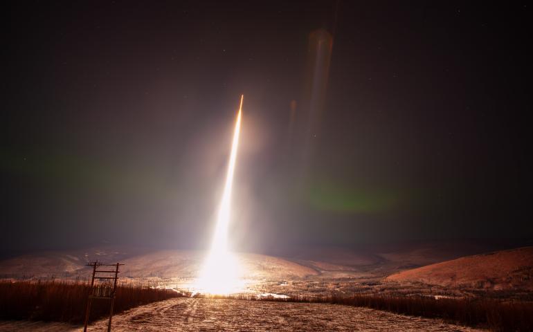 A sounding rocket launches from Poker Flat Research Range on Nov. 8, 2023, carrying NASA’s Goddard Space Flight Center’s Dissipation mission. NASA photo by Rachel Lense.
